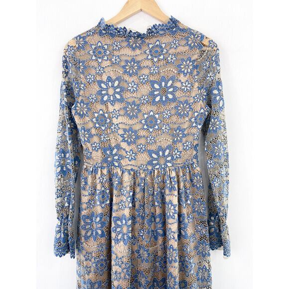 METISU Blue Lace Long Sleeve Midi Dress size Medium Peasant Boho Coquette - Picture 5 of 8